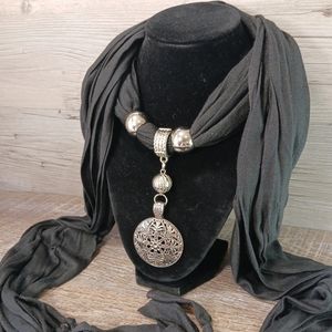 Scarf Necklace Women One Size Black Silver Pendant Winter Accessory Fringe